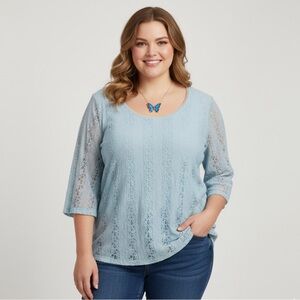 Vintage 3X Babydoll Y2K Lace Baby Blue Casual 3/4 Sleeve Women’s Top